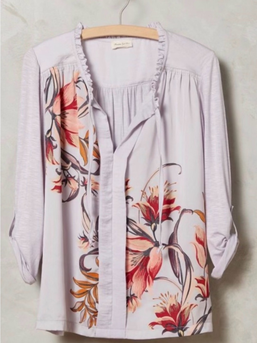 Anthropologie Meadow Rue Floral Lilac Purple Tie-Neck Blouse Size XS